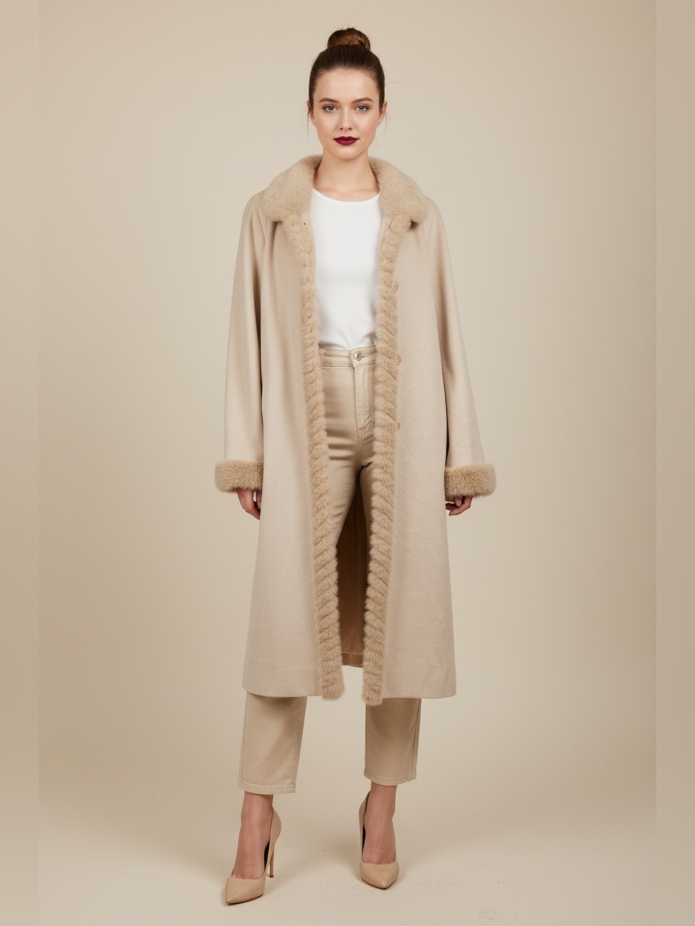 Balmain Beige Cashmere and Fur Trim Long Coat